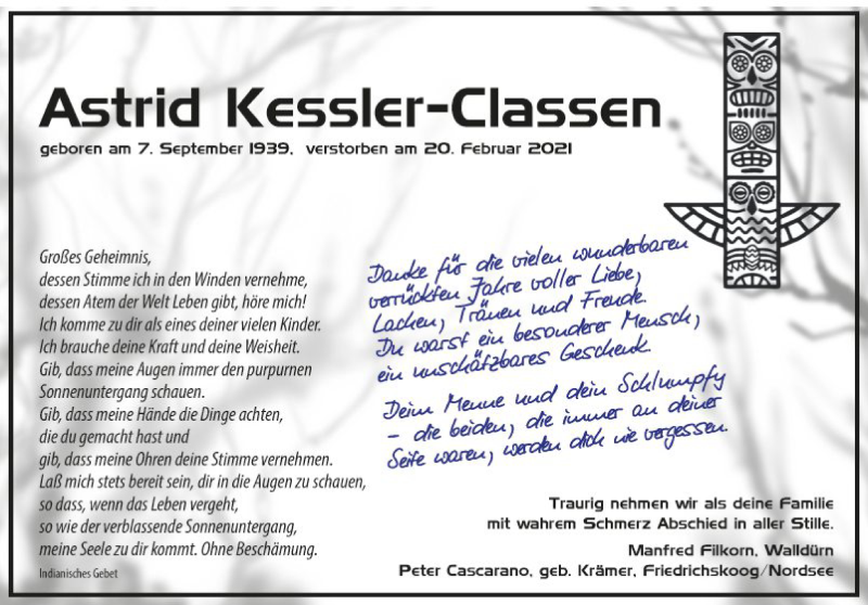  Traueranzeige für Astrid Kessler-Classen vom 27.02.2021 aus Fränkische Nachrichten