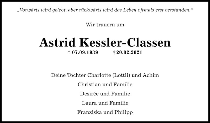  Traueranzeige für Astrid Kessler-Classen vom 25.02.2021 aus Fränkische Nachrichten