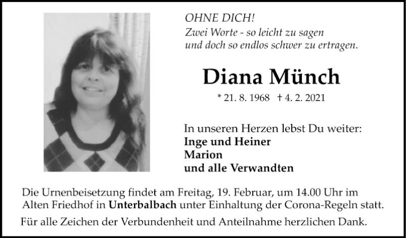  Traueranzeige für Diana Münch vom 15.02.2021 aus Fränkische Nachrichten
