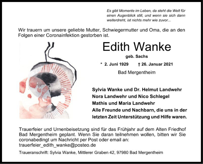  Traueranzeige für Edith Wanke vom 06.02.2021 aus Fränkische Nachrichten