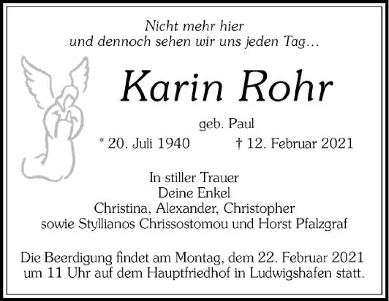  Traueranzeige für Karin Rohr vom 19.02.2021 aus Mannheimer Morgen