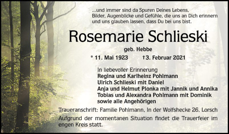  Traueranzeige für Rosemarie Schlieski vom 06.02.2021 aus Bergsträßer Anzeiger