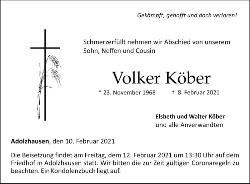  Traueranzeige für Volker Köber vom 10.02.2021 aus Fränkische Nachrichten