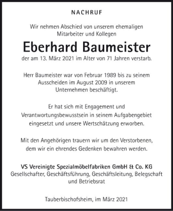 Traueranzeige von Eberhard Baumeister von Fränkische Nachrichten