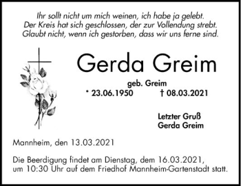 Traueranzeige von Gerda Greim von Mannheimer Morgen