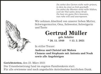 Traueranzeige von Gertrud Müller von Fränkische Nachrichten