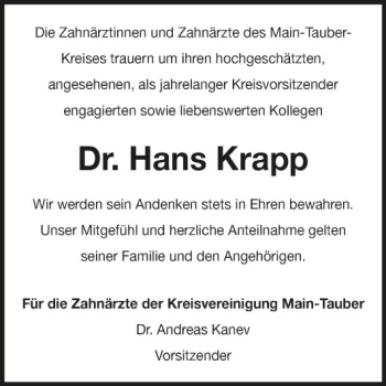 Traueranzeige von Hans Krapp von Fränkische Nachrichten