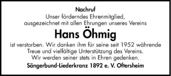 Traueranzeige von Hans Öhmig von Schwetzinger Zeitung