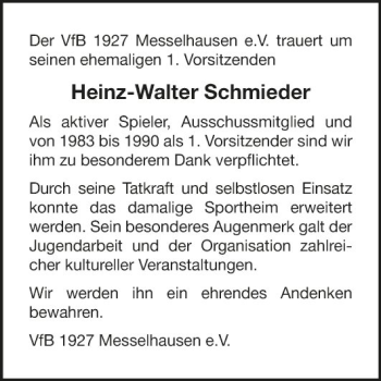 Traueranzeige von Heinz-Walter Schmieder von Fränkische Nachrichten