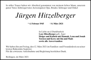 Traueranzeige von Jürgen Hitzelberger von Schwetzinger Zeitung