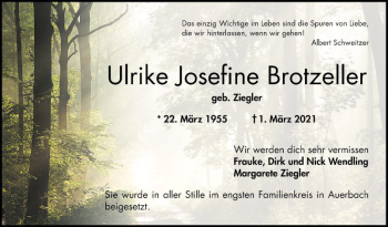 Traueranzeige von Ulrike Josefine Brotzeller von Bergsträßer Anzeiger
