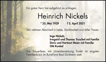 Traueranzeige von Heinrich Nickels von Bergsträßer Anzeiger