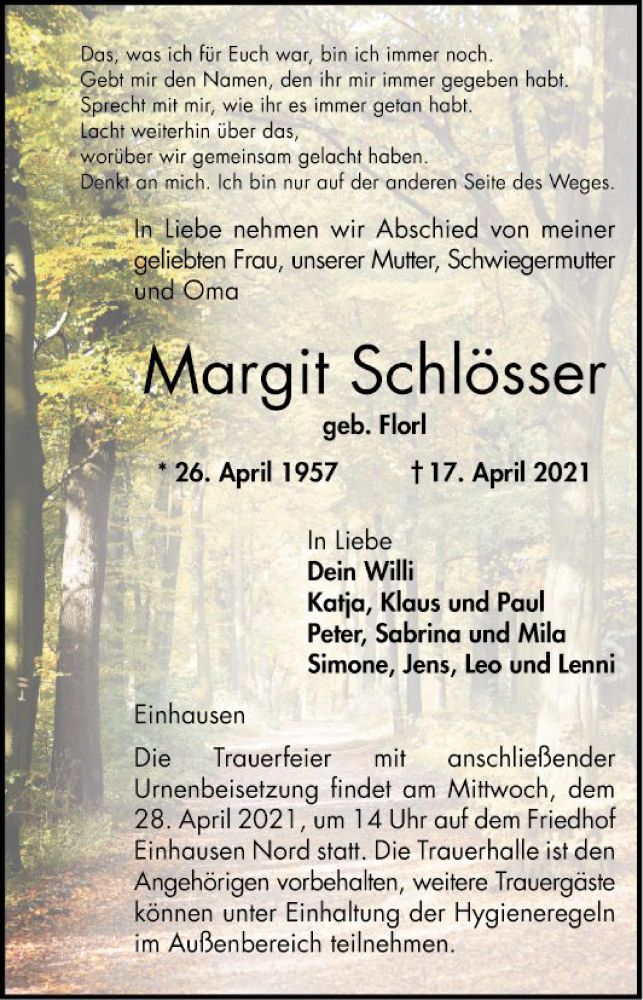  Traueranzeige für Margit Schlösser vom 24.04.2021 aus Bergsträßer Anzeiger