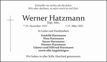 Traueranzeige von Werner Hatzmann von Mannheimer Morgen