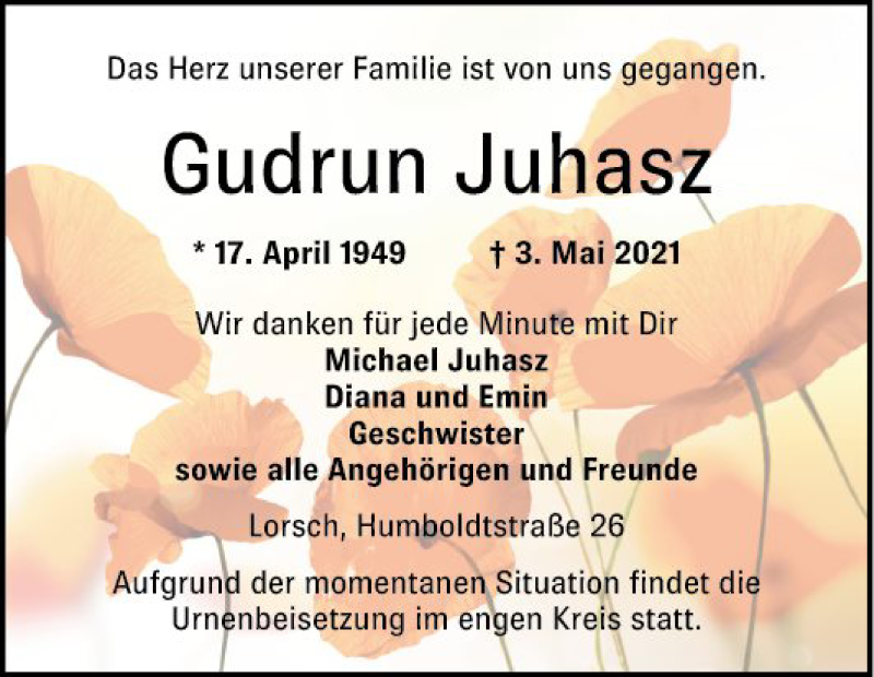  Traueranzeige für Gudrun Juhasz vom 08.05.2021 aus Bergsträßer Anzeiger