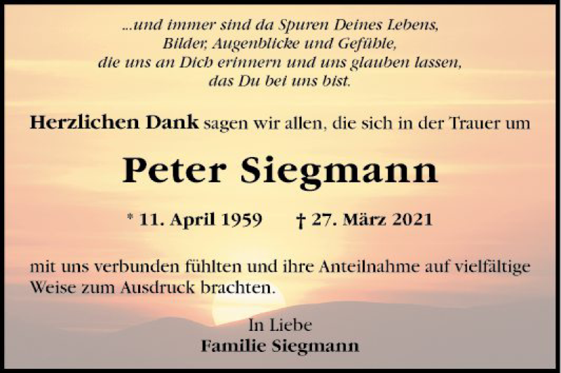 Traueranzeige für Peter Siegmann vom 08.05.2021 aus Mannheimer Morgen