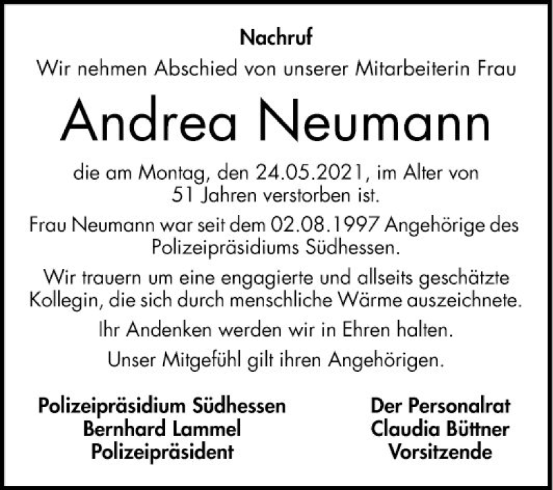  Traueranzeige für Andrea Neumann vom 29.05.2021 aus Bergsträßer Anzeiger