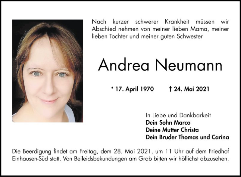  Traueranzeige für Andrea Neumann vom 27.05.2021 aus Bergsträßer Anzeiger