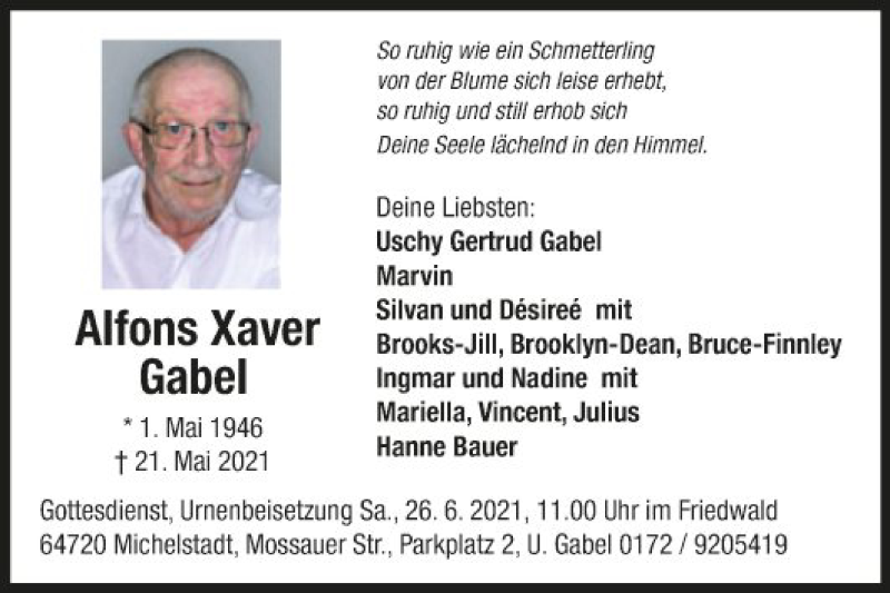  Traueranzeige für Alfons Xaver Gabel vom 22.06.2021 aus Fränkische Nachrichten
