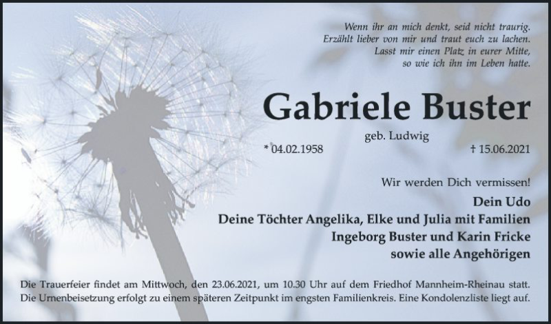  Traueranzeige für Gabriele Buster vom 19.06.2021 aus Mannheimer Morgen