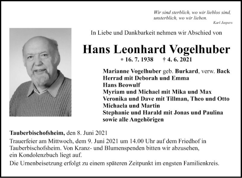  Traueranzeige für Hans Leonhard Vogelhuber vom 08.06.2021 aus Fränkische Nachrichten