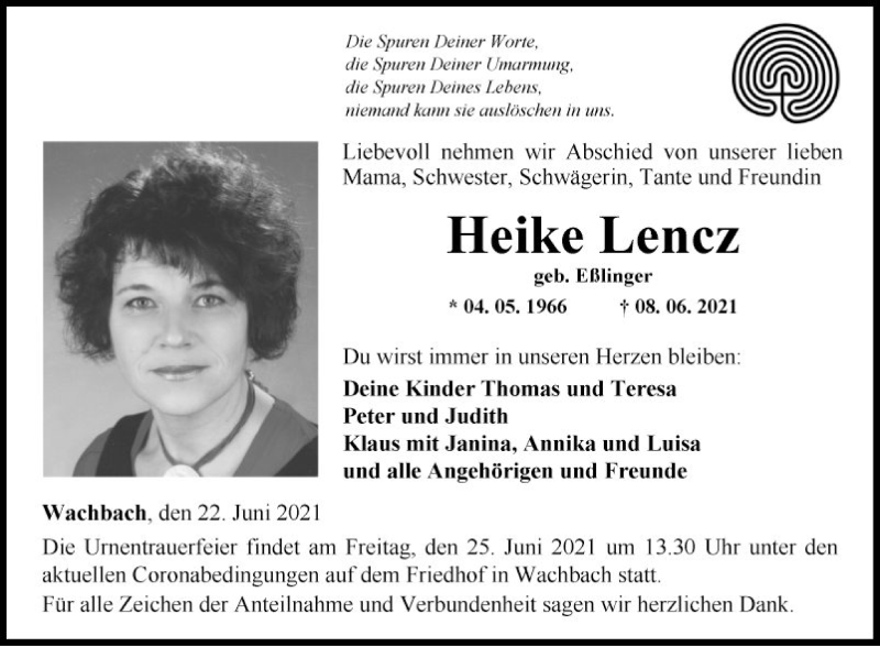  Traueranzeige für Heike Lencz vom 22.06.2021 aus Fränkische Nachrichten