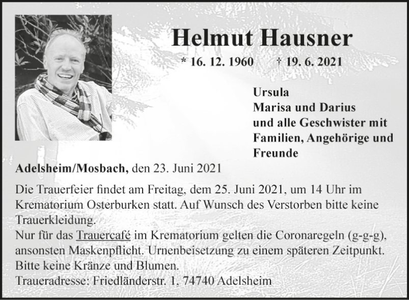 Traueranzeige für Helmut Hausner vom 23.06.2021 aus Fränkische Nachrichten