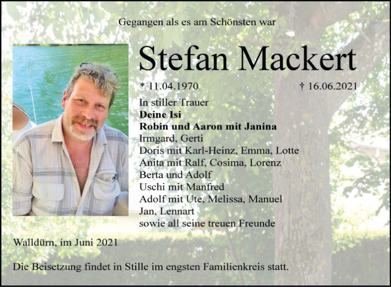  Traueranzeige für Stefan Mackert vom 23.06.2021 aus Fränkische Nachrichten