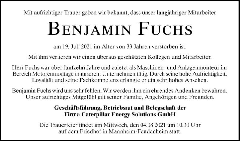  Traueranzeige für Benjamin Fuchs vom 27.07.2021 aus Mannheimer Morgen