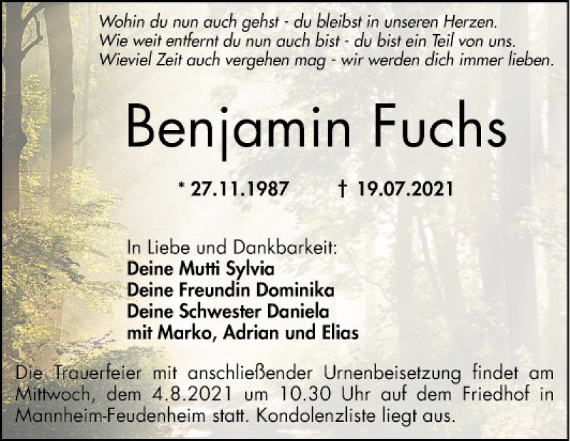  Traueranzeige für Benjamin Fuchs vom 24.07.2021 aus Mannheimer Morgen