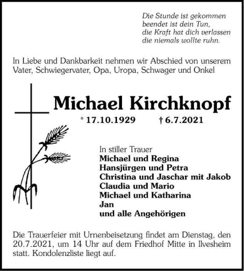  Traueranzeige für Michael Kirchknopf vom 10.07.2021 aus Mannheimer Morgen