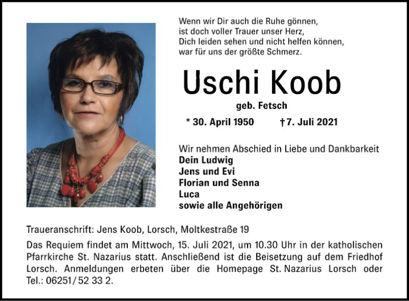  Traueranzeige für Uschi Koob vom 10.07.2021 aus Bergsträßer Anzeiger