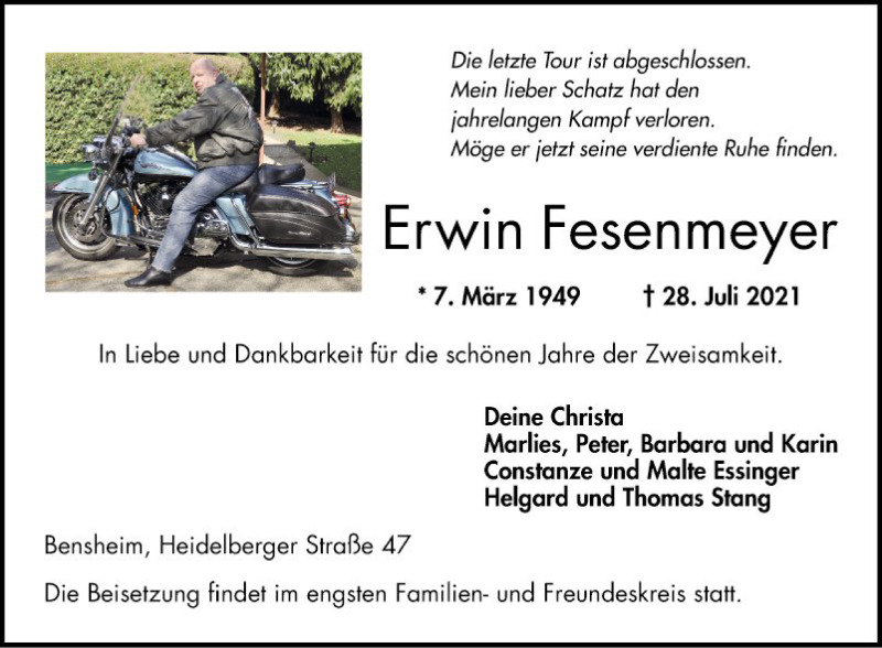 Traueranzeige für Erwin Fesenmeyer vom 07.08.2021 aus Bergsträßer Anzeiger