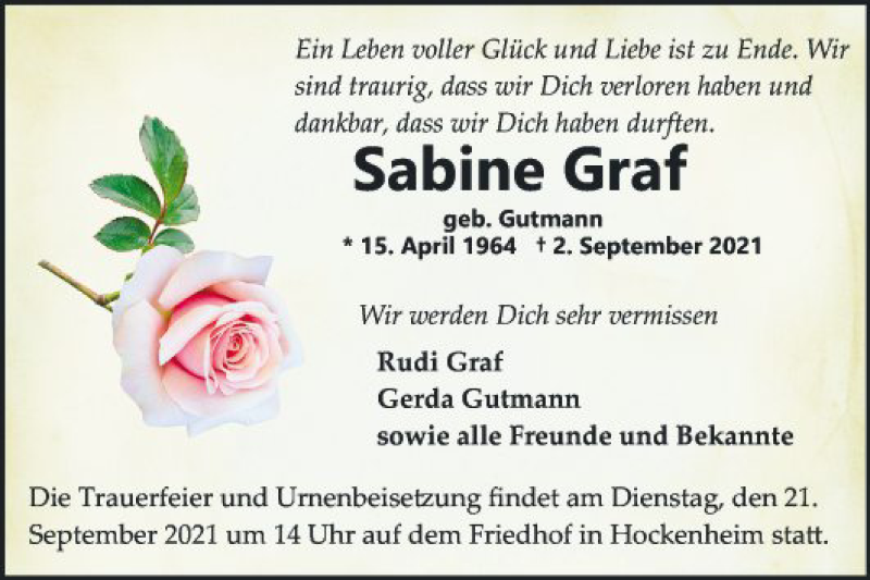  Traueranzeige für Sabine Graf vom 06.09.2021 aus Schwetzinger Zeitung
