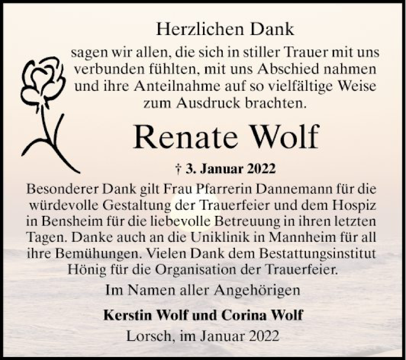  Traueranzeige für Dieter und Renate Wolf vom 29.01.2022 aus Bergsträßer Anzeiger