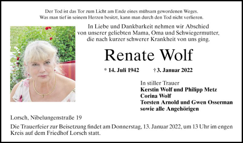 Traueranzeige für Dieter und Renate Wolf vom 08.01.2022 aus Bergsträßer Anzeiger
