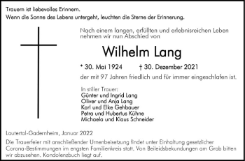 Traueranzeige von Wilhelm Lang von Bergsträßer Anzeiger
