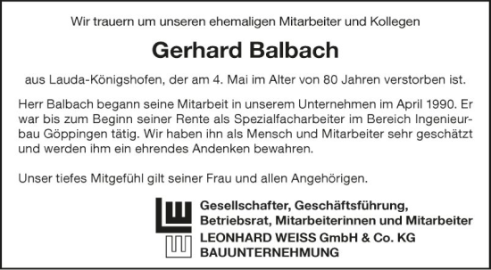 Traueranzeige von Gerhard Balbach von Fränkische Nachrichten
