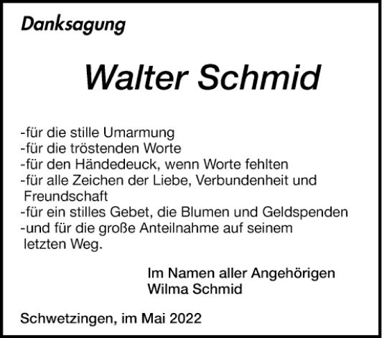 Traueranzeige von Walter Schmid von Schwetzinger Zeitung
