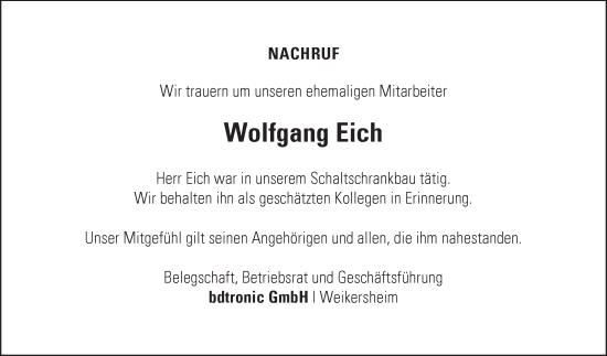 Traueranzeige von Wolfgang Eich 
