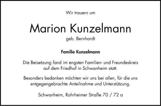 Traueranzeige von Marion Kunzelmann von Bergsträßer Anzeiger