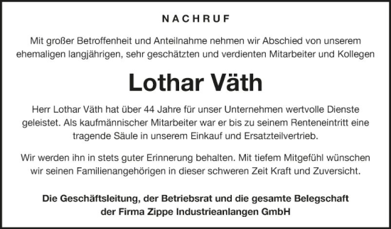 Traueranzeige von Lothar Väth von Fränkische Nachrichten