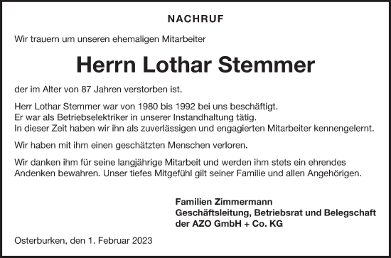 Traueranzeige von Lothar Stemmer 