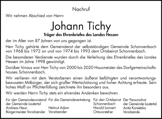 Traueranzeige von Johann Tichy von Bergsträßer Anzeiger