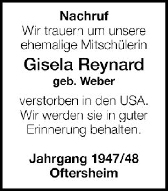 Traueranzeige von Gisela Reynard von Schwetzinger Zeitung