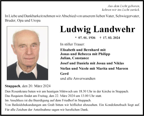Traueranzeige von Ludwig Landwehr von Fränkische Nachrichten
