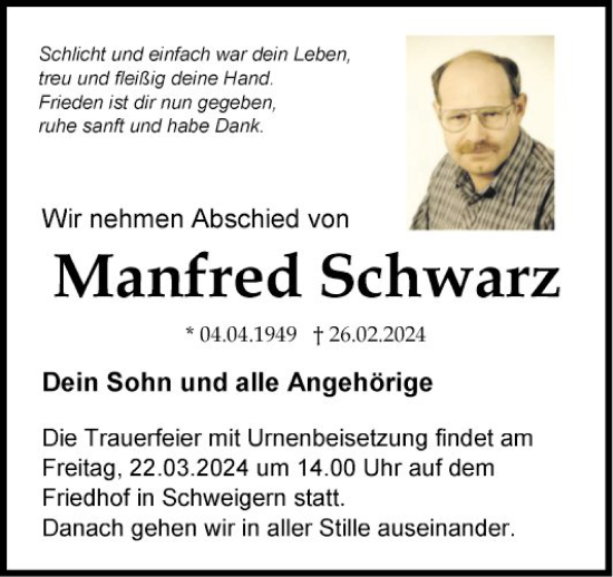Traueranzeige von Manfred Schwarz von Fränkische Nachrichten