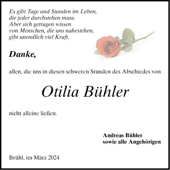 Traueranzeige von Otilia Bühler von Schwetzinger Zeitung
