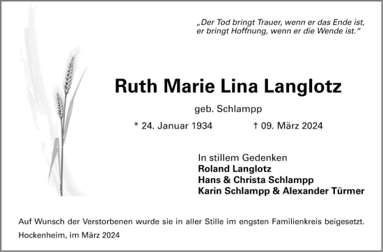 Traueranzeige von Ruth Marie Lina Langlotz von Schwetzinger Zeitung