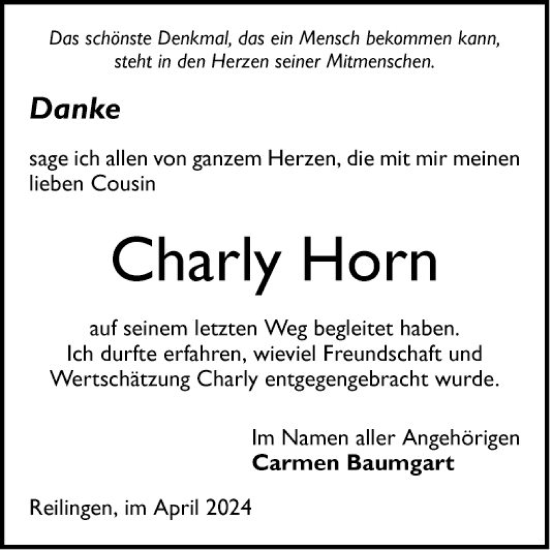 Traueranzeige von Charly Horn von Schwetzinger Zeitung